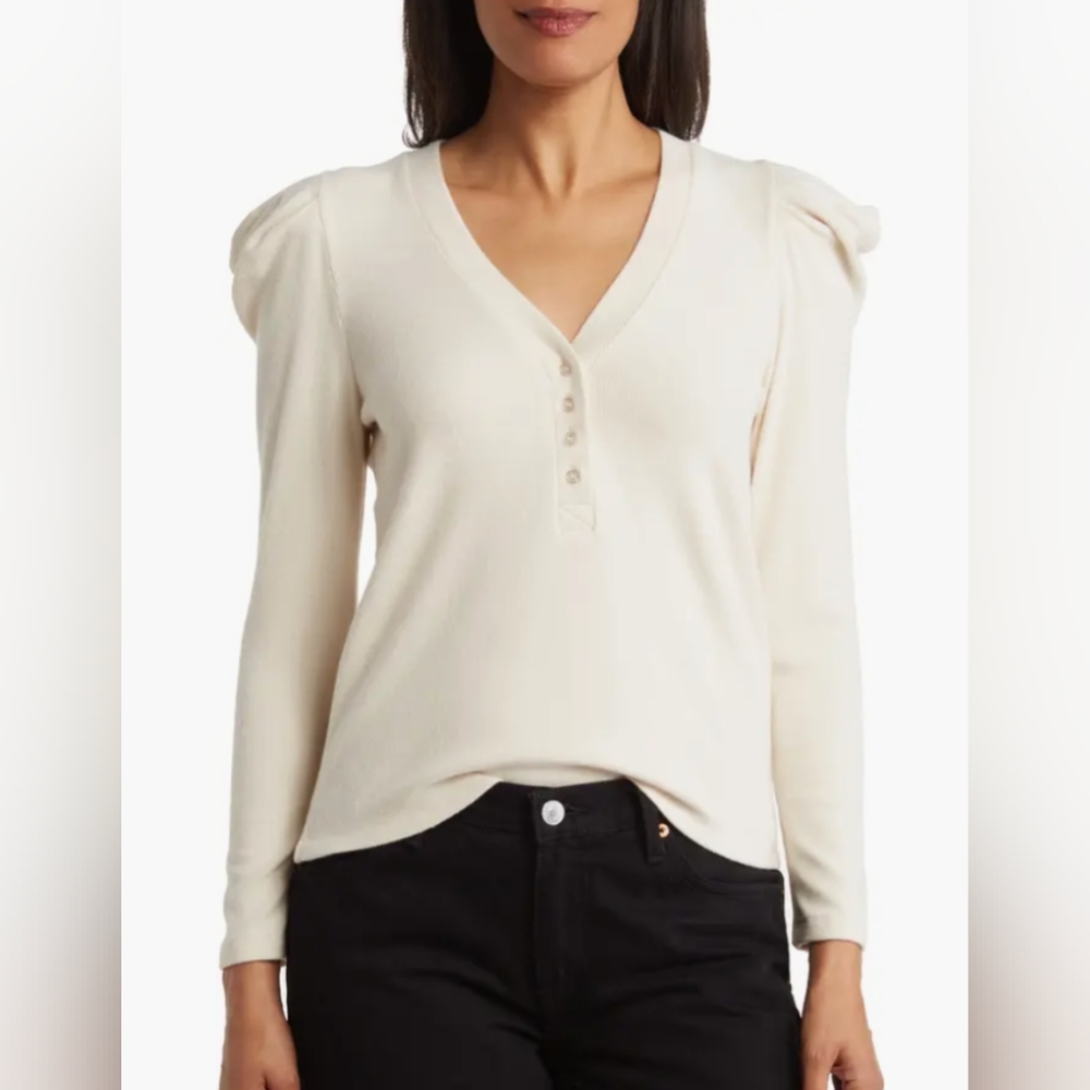 NWT NORDSTROM DESIGN365 PUFF SLEEVE RIBBED HENLEY COTTON CLOUD CREAM MEDIUM